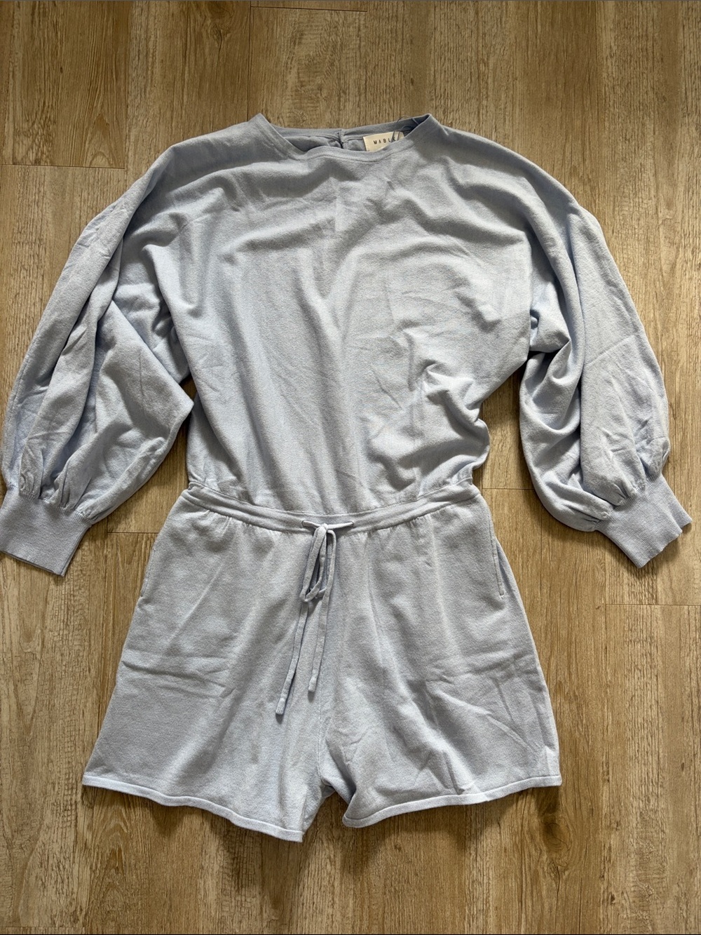 Mable Light Blue Knit Romper with Drawstring Waist and Pockets